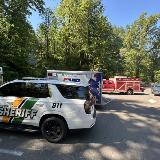 A Multnomah County Sheriff’s Office patrol vehicle is pictured responding to an emergency call at Latourell Falls, where a 72-year-old hiker was injured. AMR and Corbett Fire District also responded to the emergency call, transporting the injured hiker to a nearby hospital. 