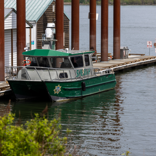 A River Patrol Unit vessel docked along the Columbia River