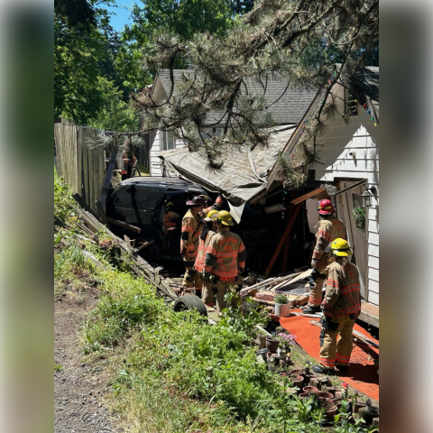 Five firefighters in tan and red protective gear stand near a black SUV that has crashed through a wooden fence and into the side of a white house. The vehicle is wedged under a collapsed section of the roof, and debris is scattered across the ground in a wooded residential area.