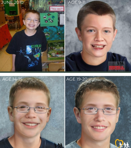 A four-panel grid showing Kyron Horman. The top-left panel shows an original photo from June 2010 of Kyron as a smiling seven-year-old boy with short brown hair and glasses, wearing a black CSI t-shirt in front of a school science fair display. The remaining three panels feature school-portrait-style age-progression illustrations generated by the National Center for Missing & Exploited Children.