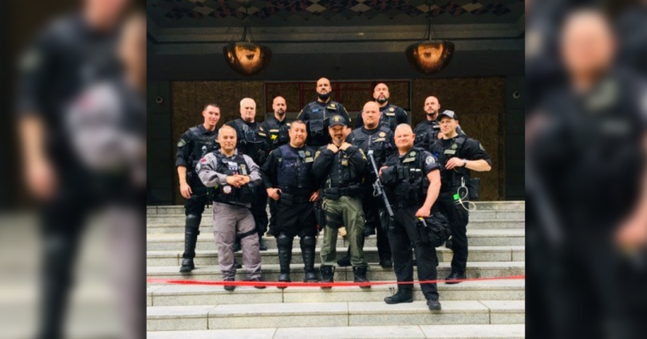The MCSO Rapid Response Team stands in front of the Justice Center during one of their nearly 100 consecutive deployments of 2020.