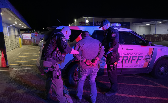 Deputies escort person in handcuffs to patrol vehicle.