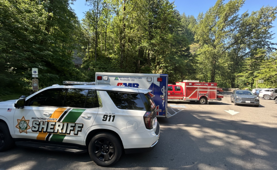 A Multnomah County Sheriff’s Office patrol vehicle is pictured responding to an emergency call at Latourell Falls, where a 72-year-old hiker was injured. AMR and Corbett Fire District also responded to the emergency call, transporting the injured hiker to a nearby hospital. 